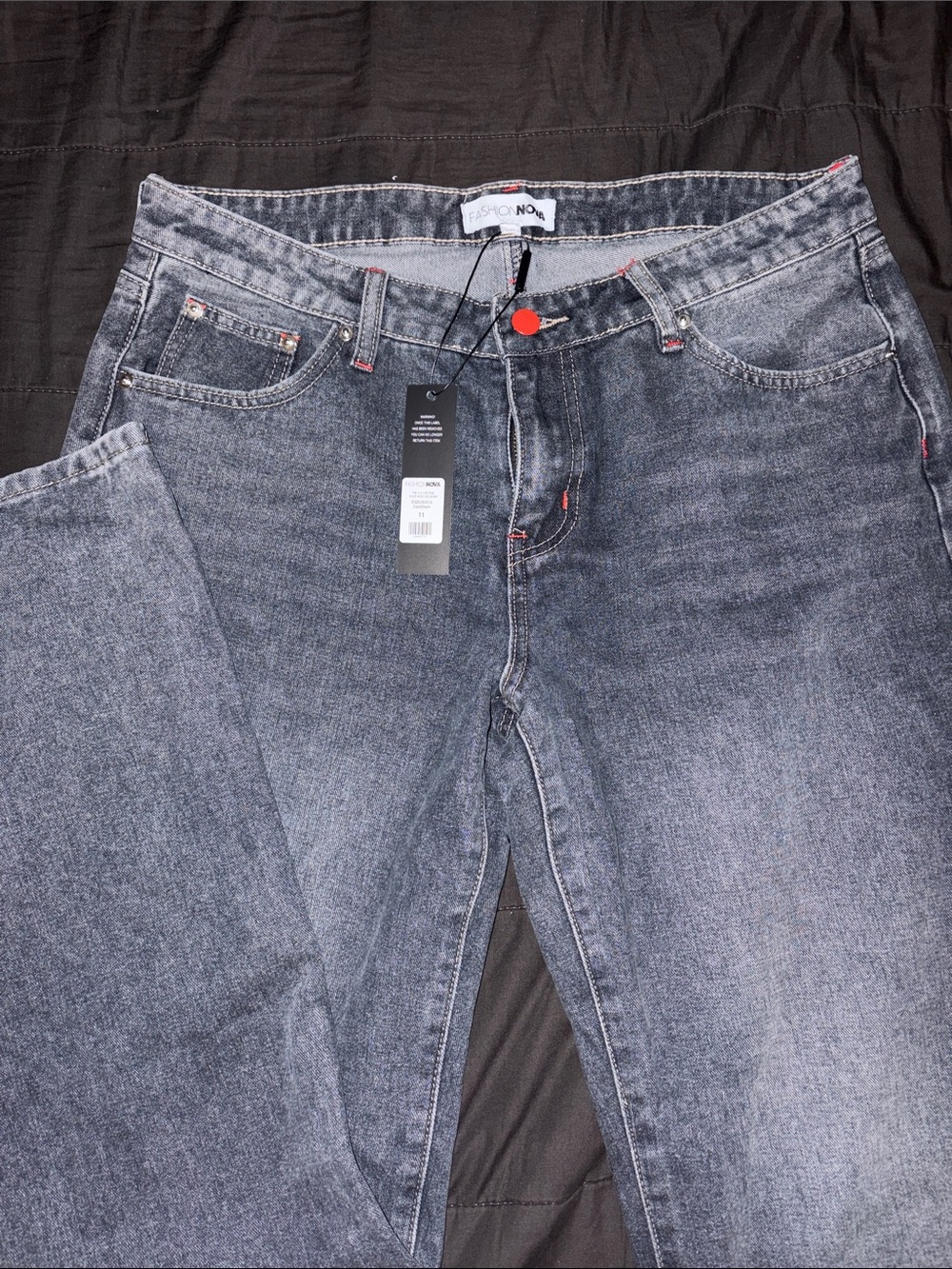 Fashion Nova Women Straight Gray Wash Jeans with Subtle Red Accents
